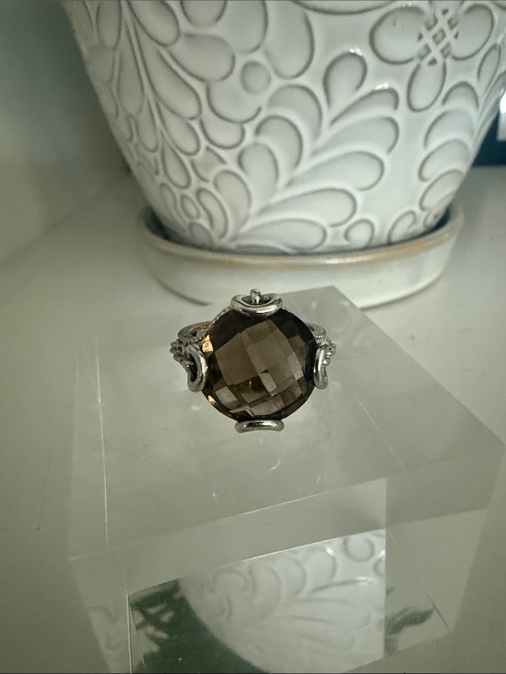 Faceted Smoky Quartz Sterling Silver Cocktail Ring - Size 6
